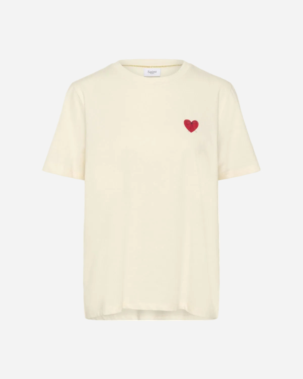 Beige t-shirt with a red heart on a white background