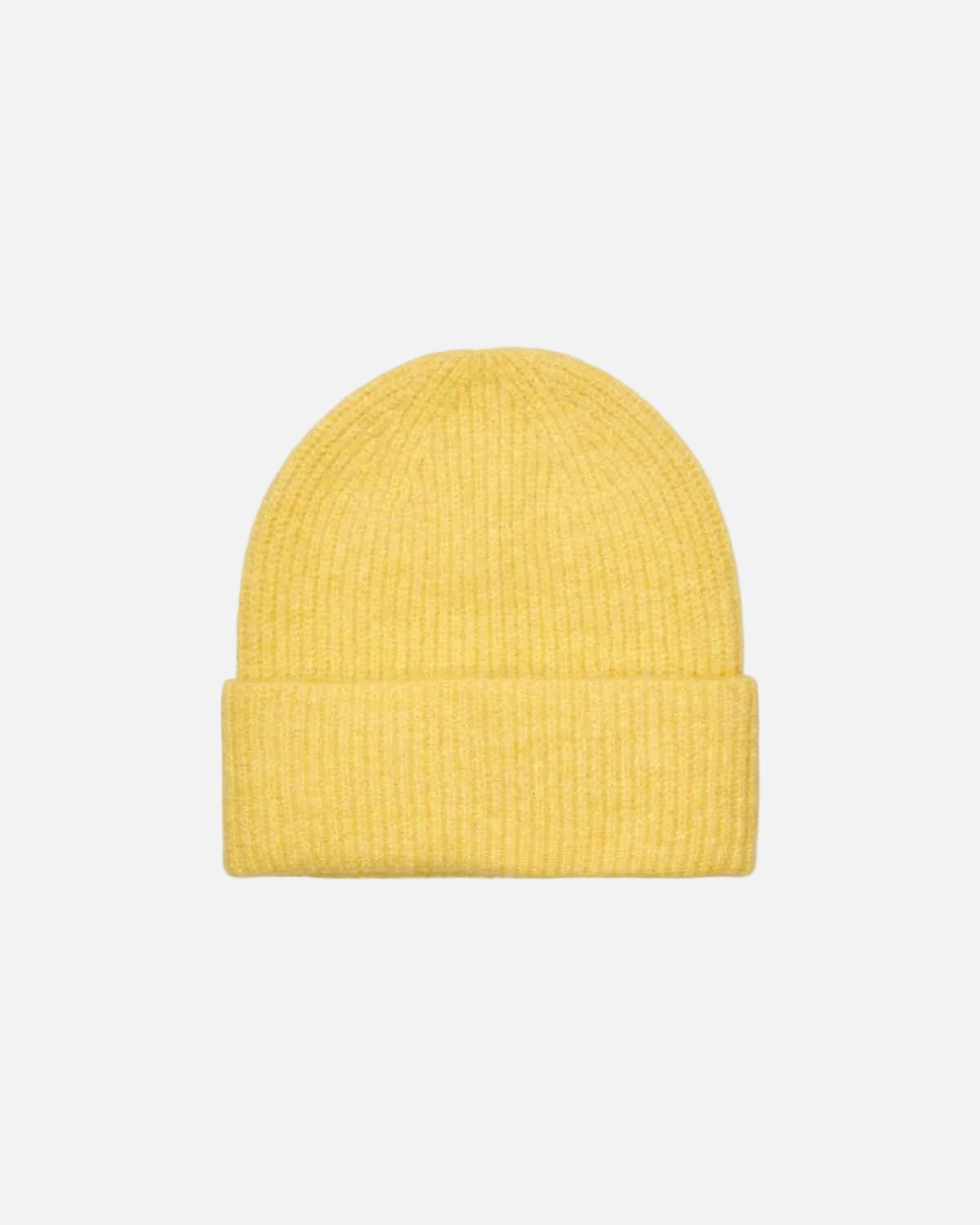 A yellow ribbed knit beanie hat with a folded cuff, shown against a plain white background.