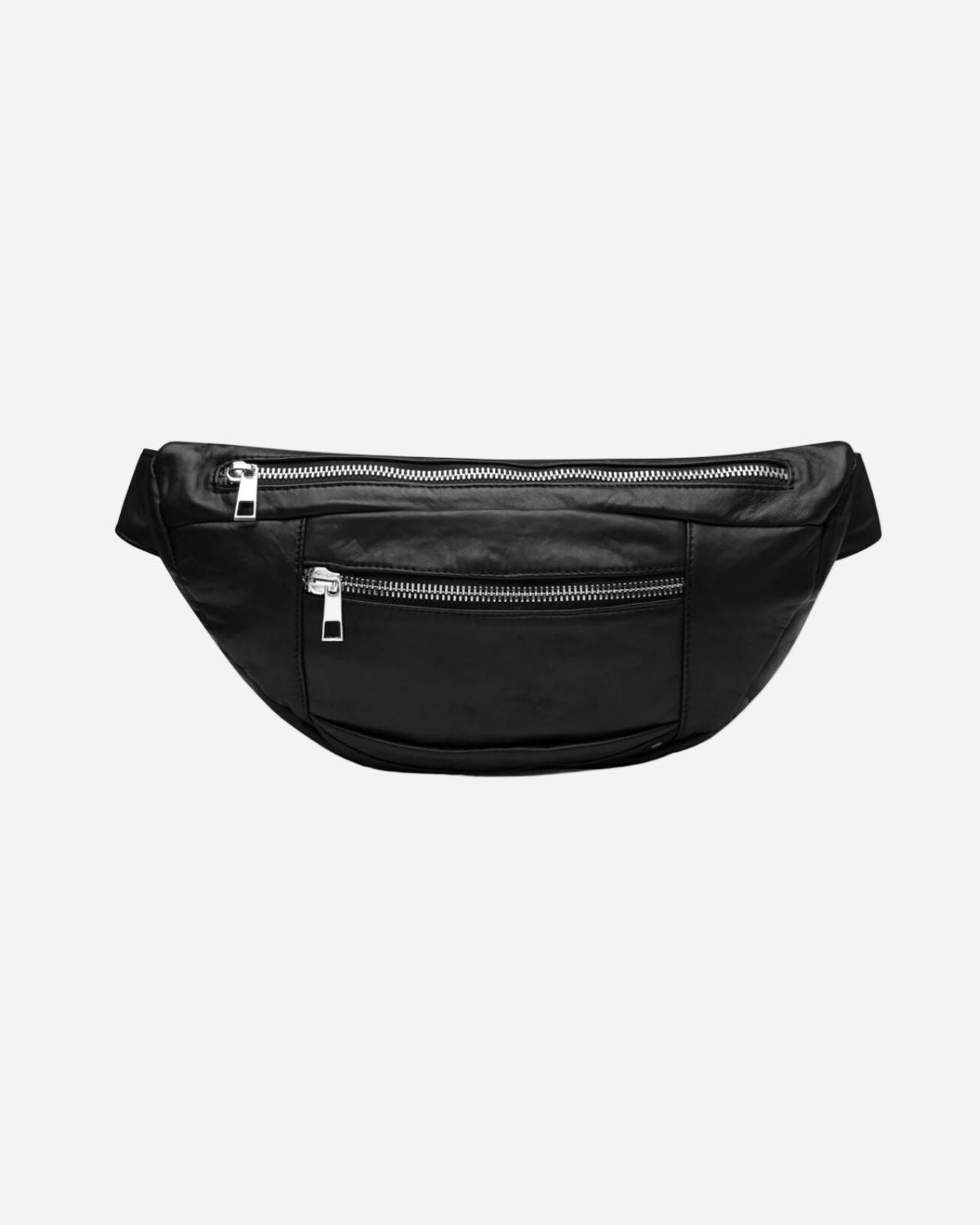 Black waist bag with zippers on a white background