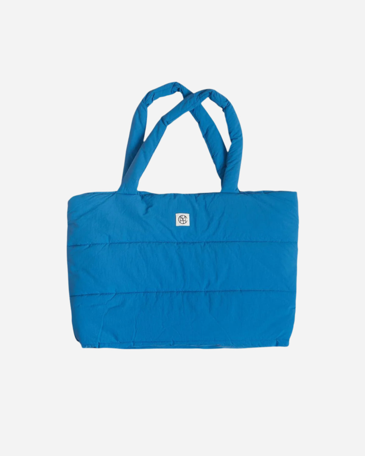 Blue tote bag with a visible brand logo on a light gray background