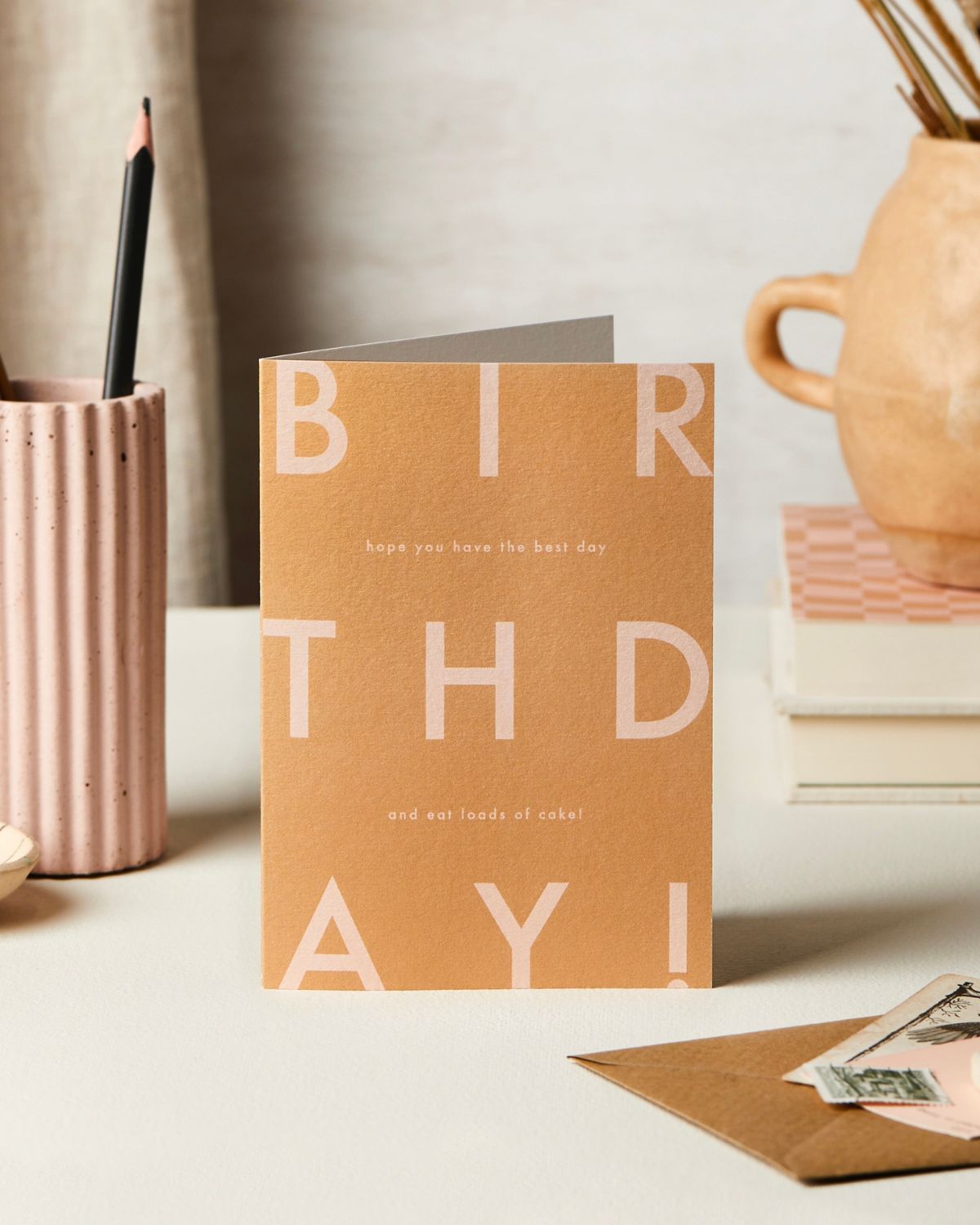 EAT LOADS OF CAKE Birthday card, tan and pink