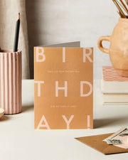 EAT LOADS OF CAKE Birthday card, tan and pink