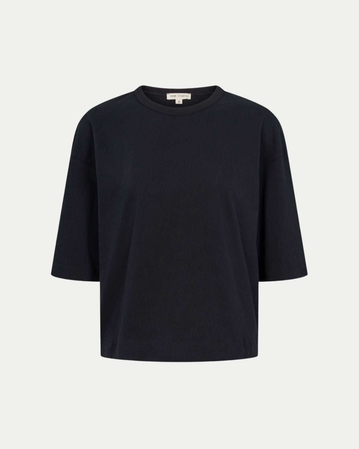 A black, short-sleeved, boxy-fit t-shirt with an O-neck and logo embroidery on the sleeve.