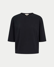 A black, short-sleeved, boxy-fit t-shirt with an O-neck and logo embroidery on the sleeve.