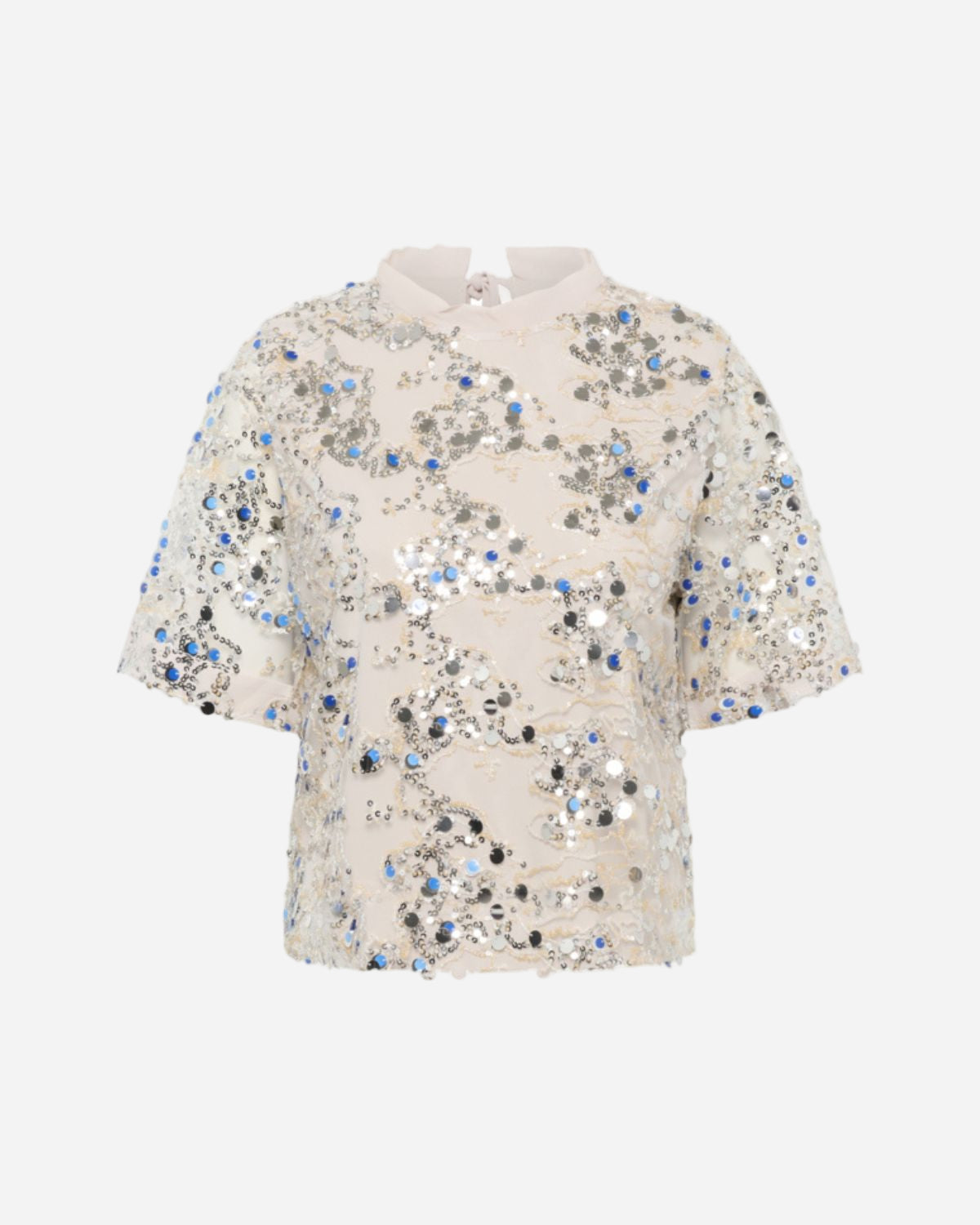 Floral sequin top on a white background