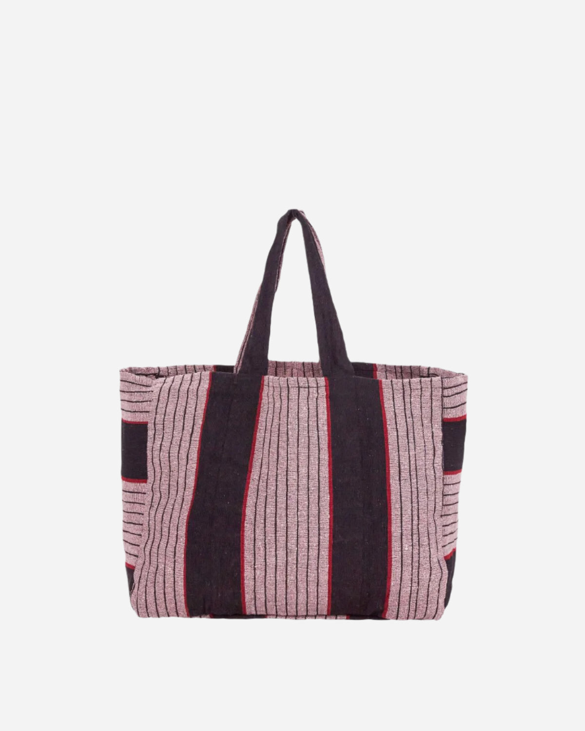 Striped tote bag with black and red pattern on a white background
