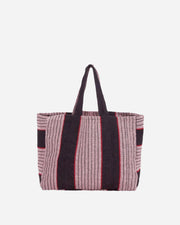 Striped tote bag with black and red pattern on a white background