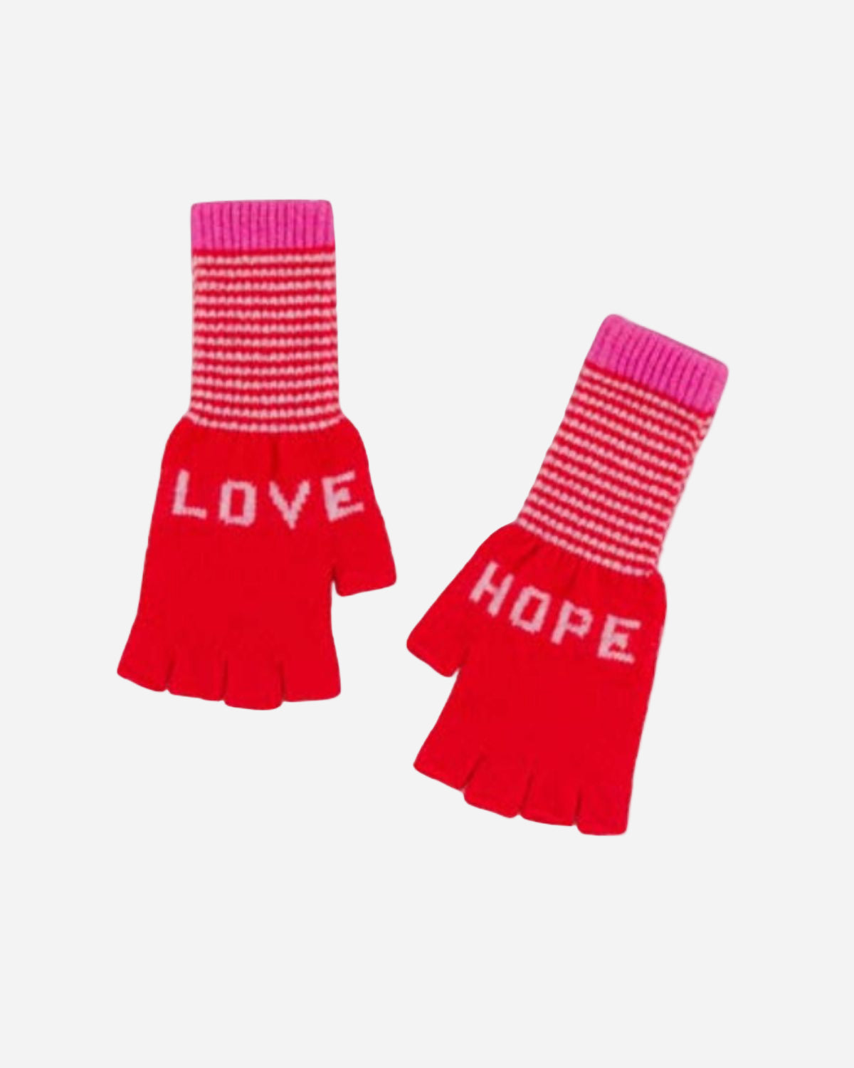 Red gloves with 'LOVE' and 'HOPE' text on a white background