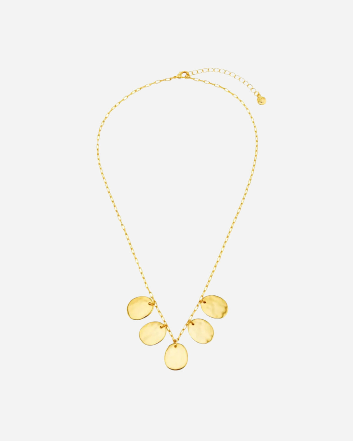 Gold necklace with circular pendants on a white background