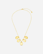 Gold necklace with circular pendants on a white background