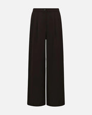 A pair of dark brown wide-leg trousers with a button waistband, shown against a plain white background.