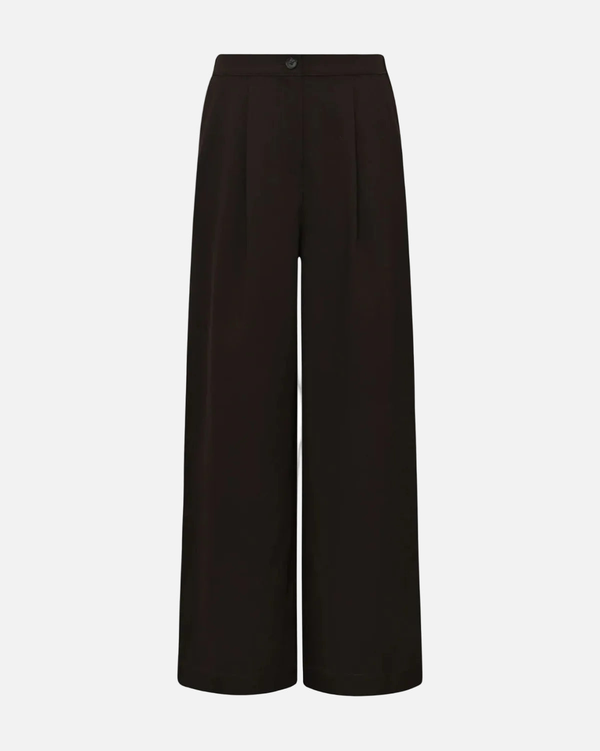 A pair of dark brown wide-leg trousers with a button waistband, shown against a plain white background.
