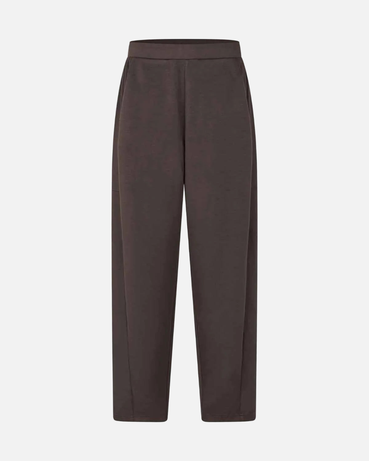 A pair of dark brown wide-leg trousers shown flat against a solid white background.