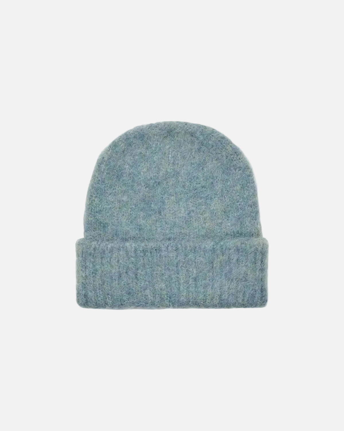 A light blue heathered knit beanie hat with a folded cuff, shown against a plain white background.