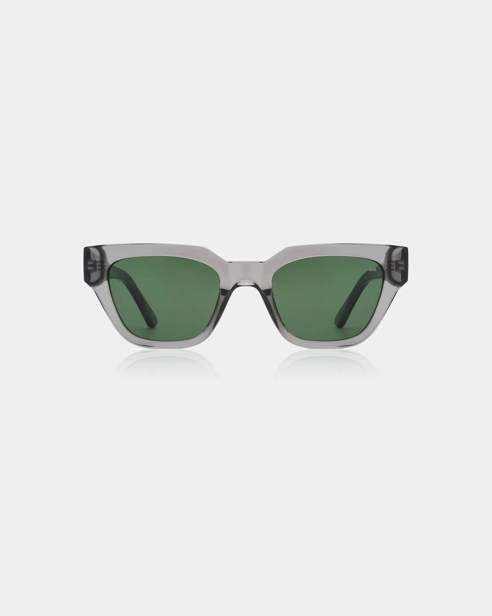 Cat eye shaped sunglasses with grey transparent frames