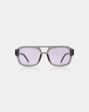 Aviator style sunglasses with grey transparent frames and light purple lenses