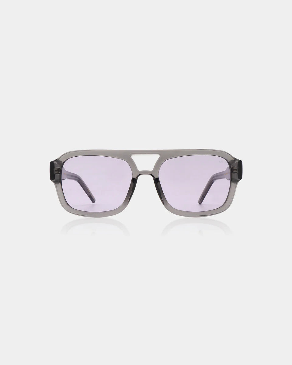 Aviator style sunglasses with grey transparent frames and light purple lenses