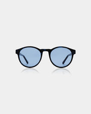 Black sunglasses with round frame and blue lenses