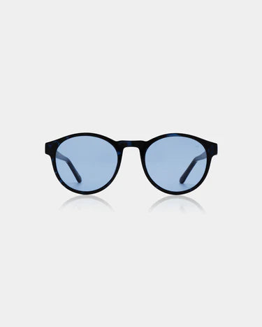 Black sunglasses with round frame and blue lenses