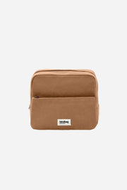 Brown canvas toiletry bag with zip