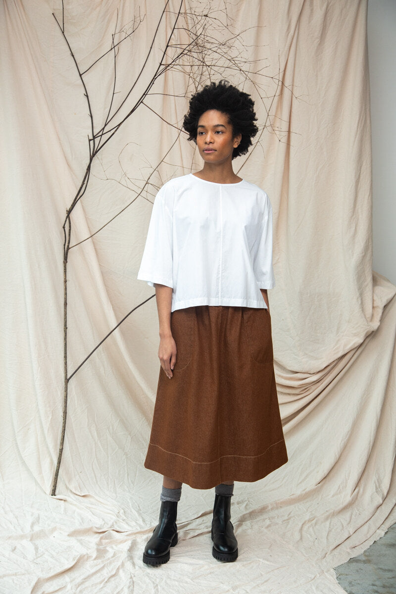ALMA-LEIGH BARK BROWN COTTON DENIM SKIRT