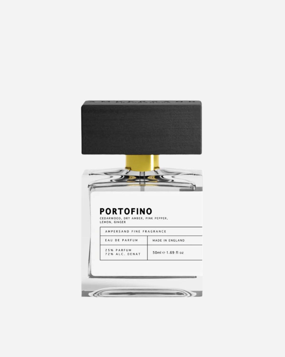 Clear perfume bottle with black and white printed label and black wooden cap with Ampersand engraving.