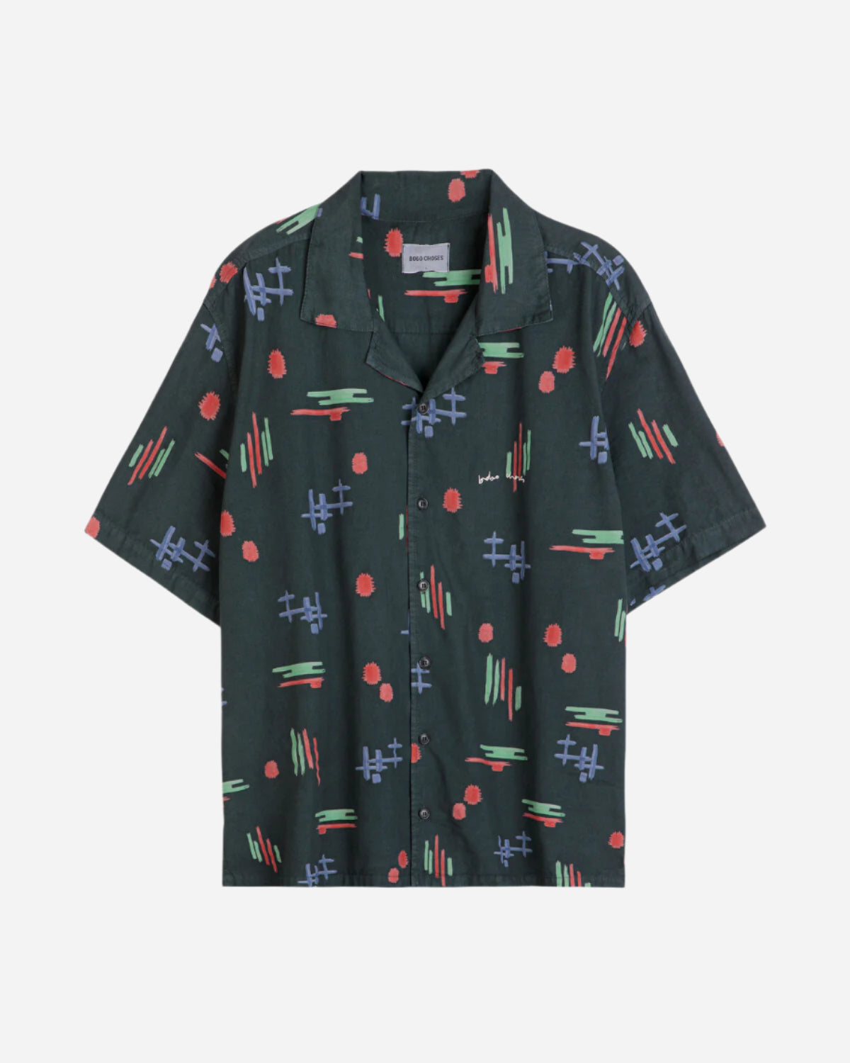 Dark grey short sleeve shirt with geometric patterns