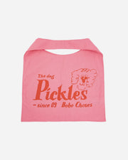 Pink tote bag with text and a dog graphic on a white background