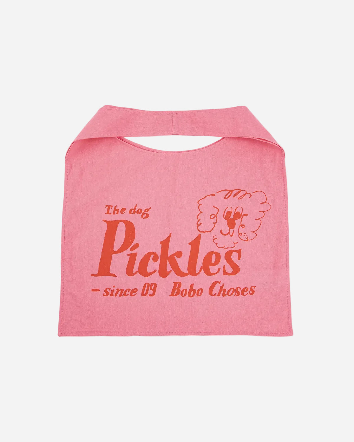 Pink tote bag with text and a dog graphic on a white background