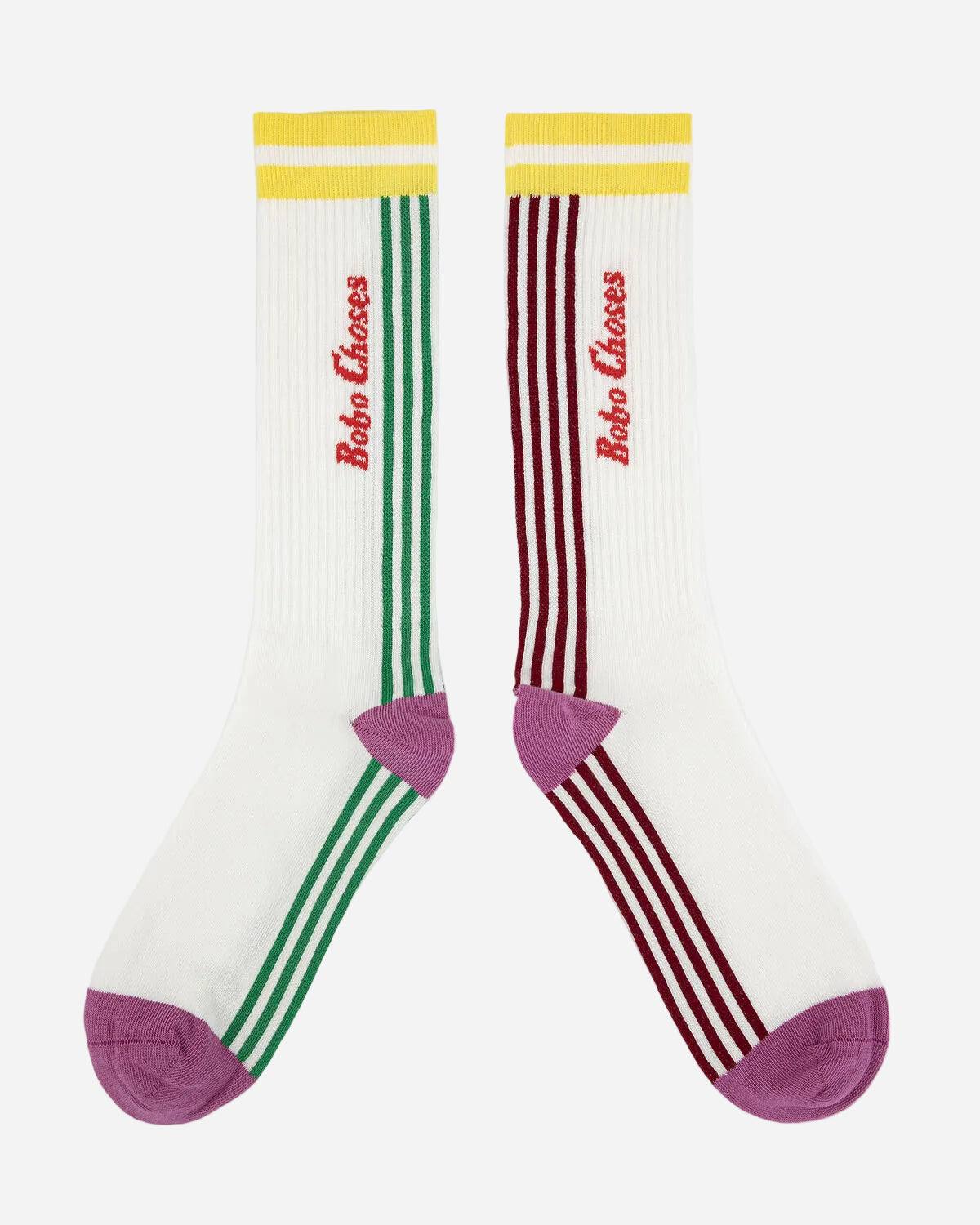 Two pairs of socks with different color patterns on a white background