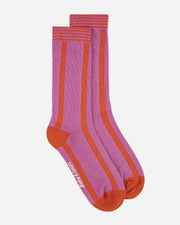 Pair of pink and orange striped socks on a white background
