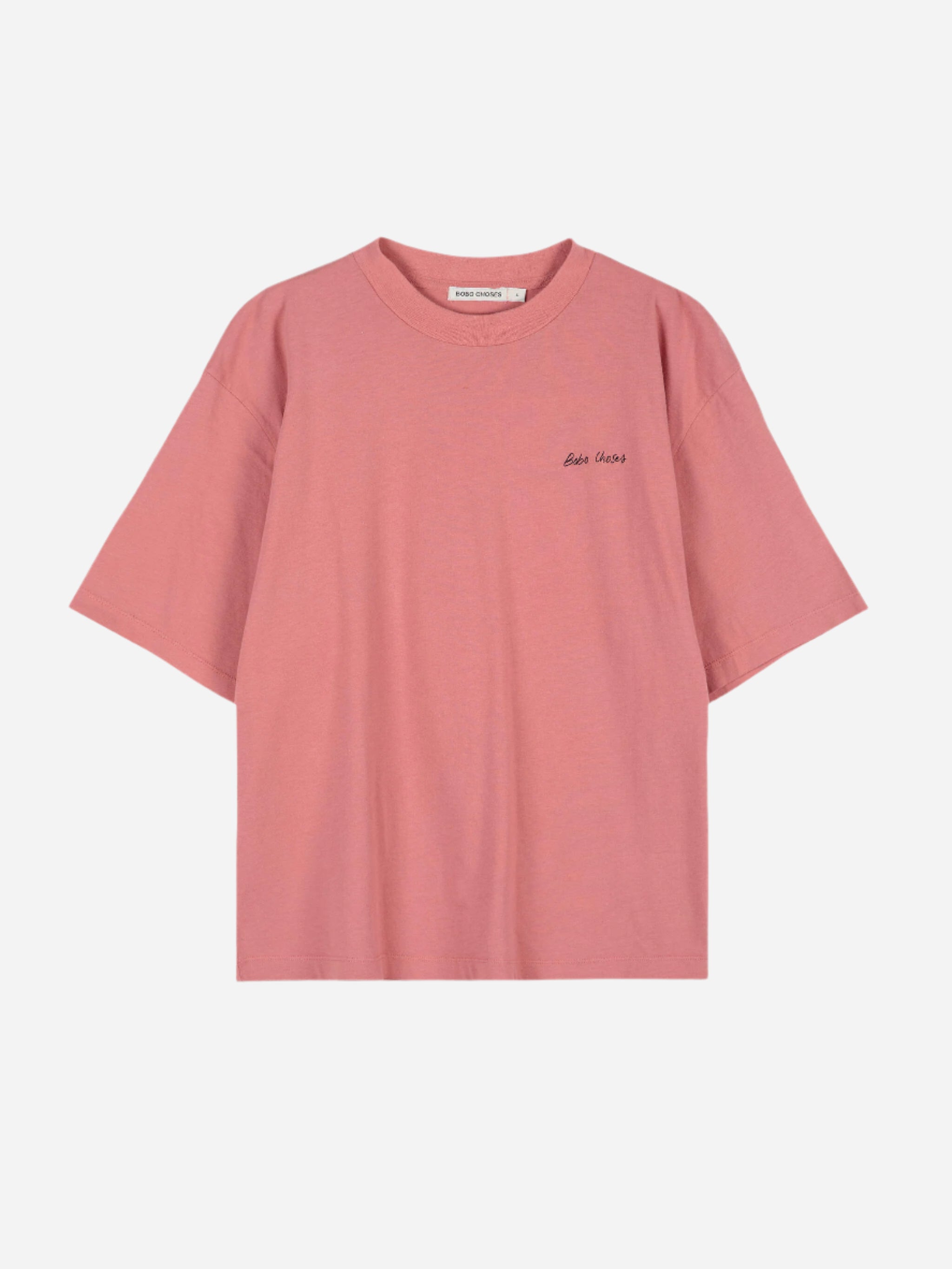 Pink t-shirt with text on a white background