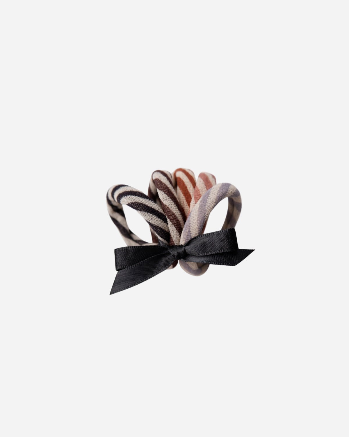 Five striped hair ties with a black bow on a white background