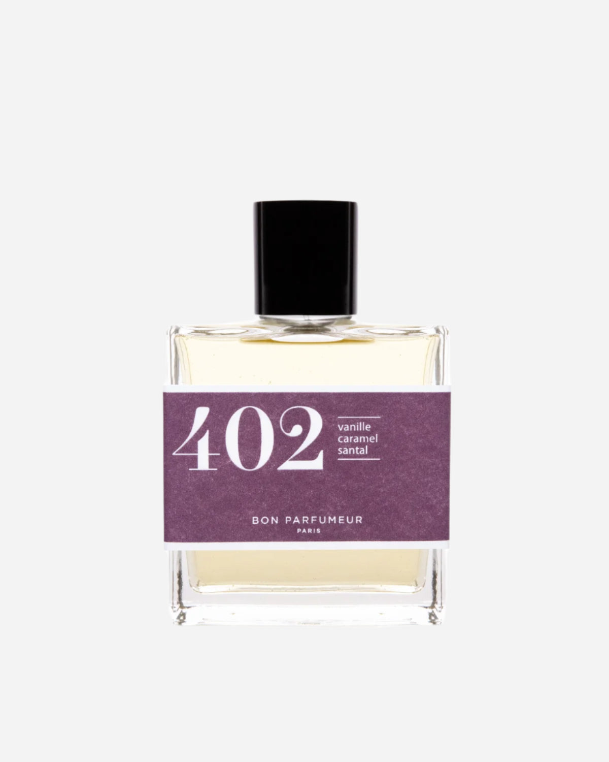 Clear square perfume bottle with black lid and purple label