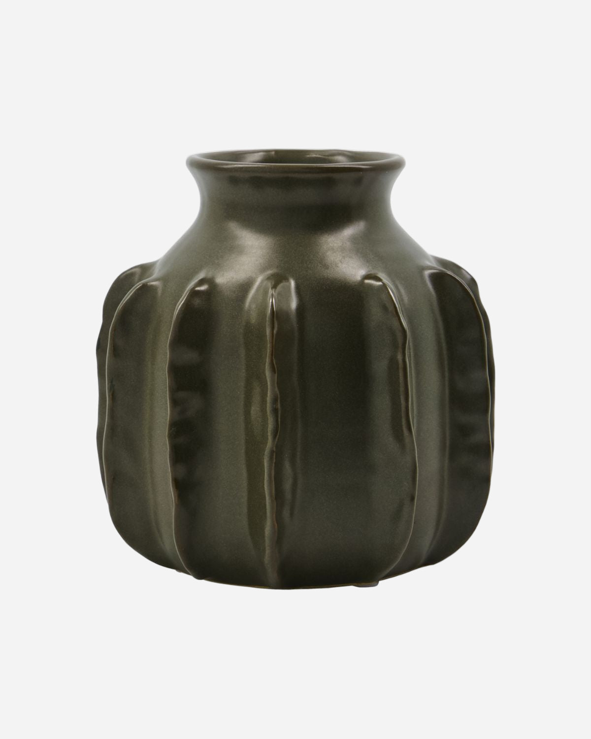 Dark green ceramic vase with textured surface on a white background