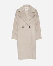 Beige overcoat with black buttons on a white background