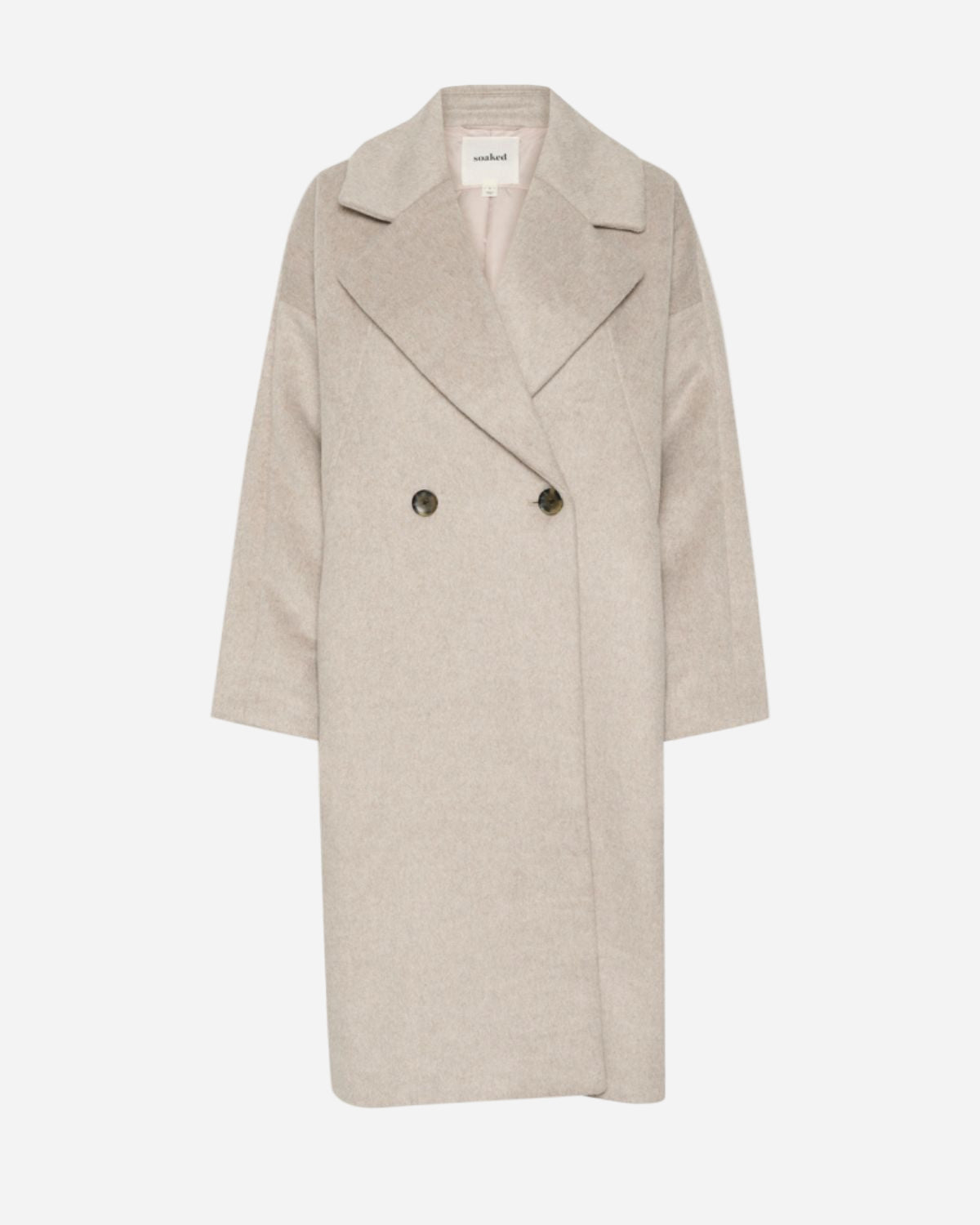 Beige overcoat with black buttons on a white background