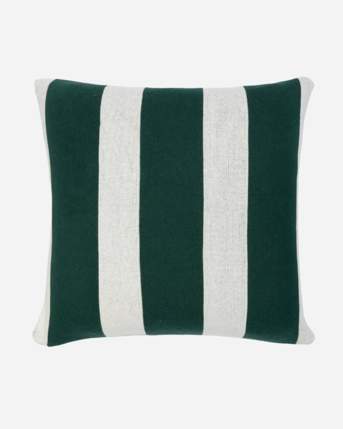 Green and white striped pillow on a white background