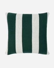Green and white striped pillow on a white background
