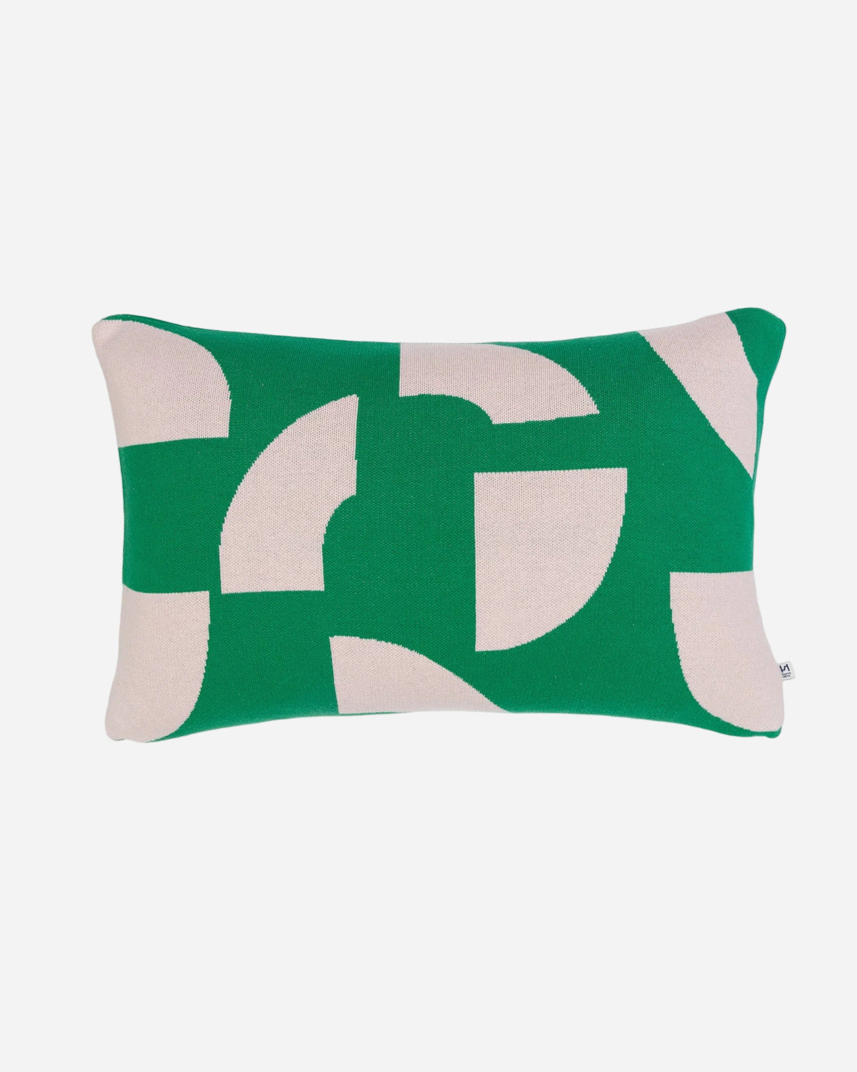 Decorative pillow with green and beige pattern on a white background