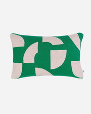 Decorative pillow with green and beige pattern on a white background