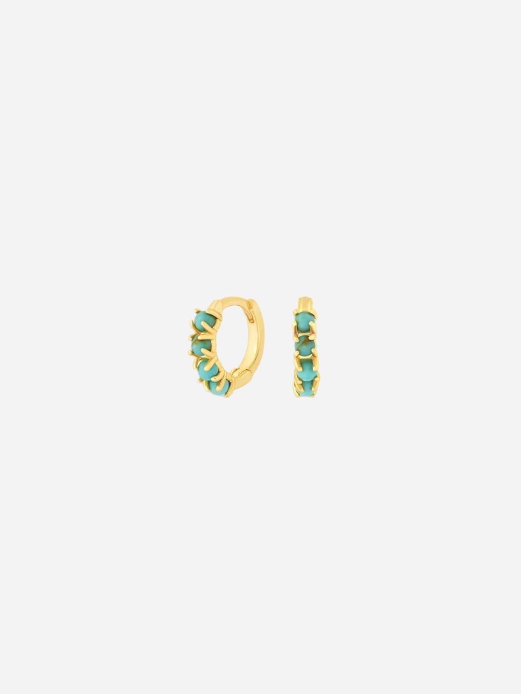 A pair of gold-colored huggie earrings adorned with turquoise stones.