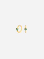 A pair of gold-colored huggie earrings with a single rounded turquoise stone on each