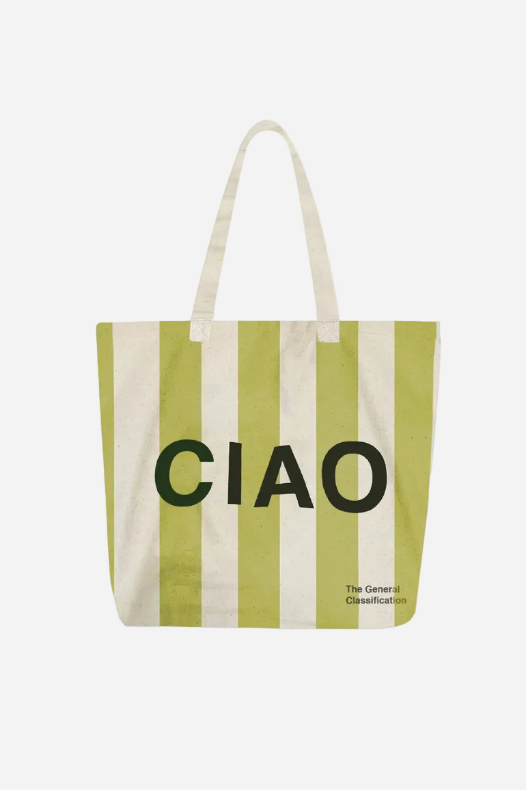 Tote bag with green and white stripes and 'CIAO' text on a light gray background