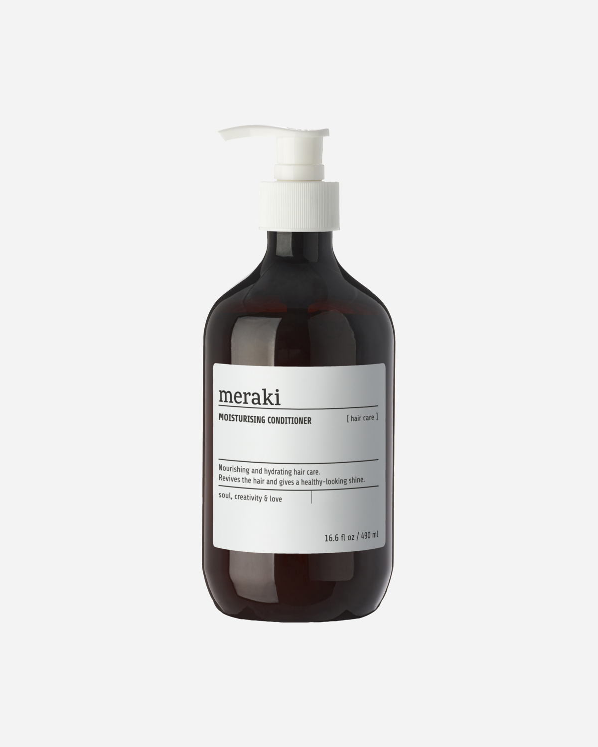 A bottle of Meraki moisturising conditioner with a pump dispenser, labeled with the brand name and product type.