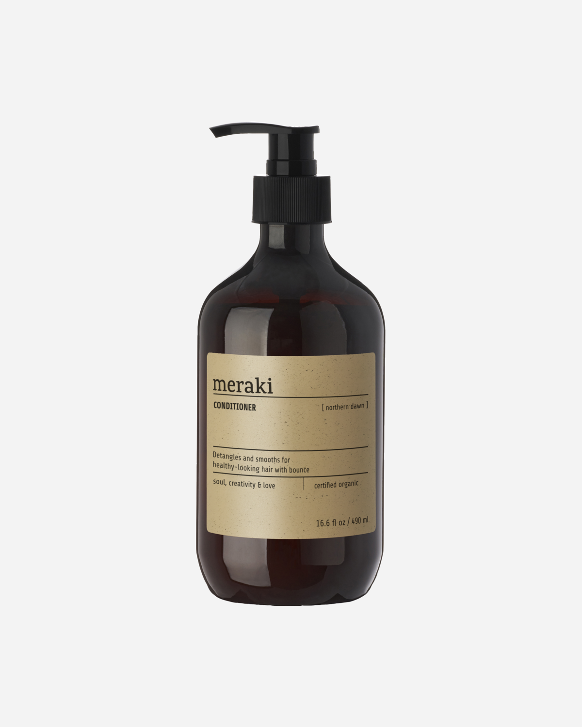 A pump bottle of Meraki Northern Dawn Conditioner with a brown label displaying the product name and organic certification.