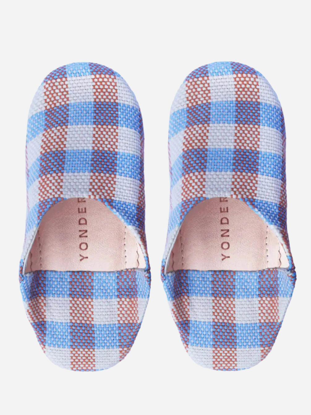 Cornflower blue, white and pink woven house slippers