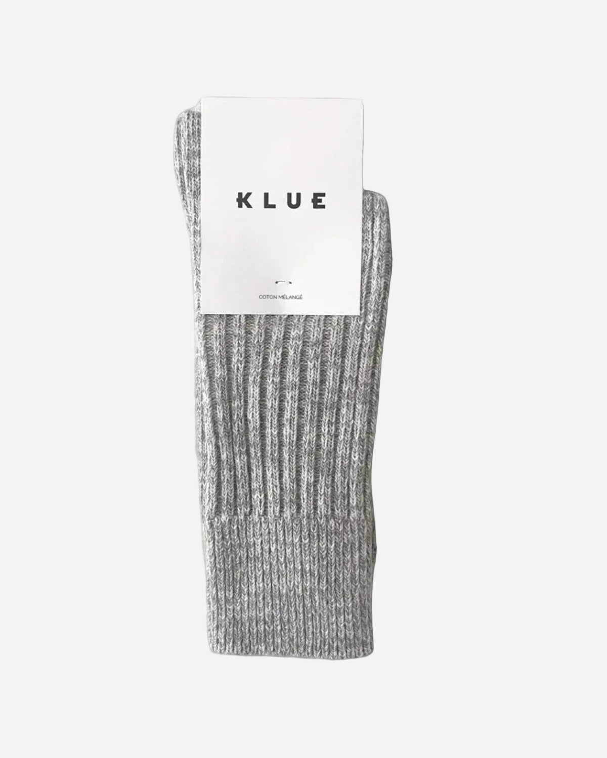 Gray socks with a KLUE label on a gray background