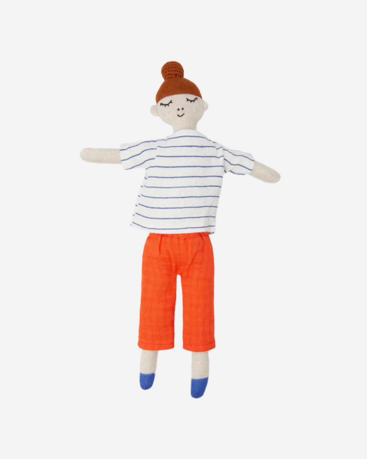 Soft Toy doll wearing a striped shirt and orange pants on a white background