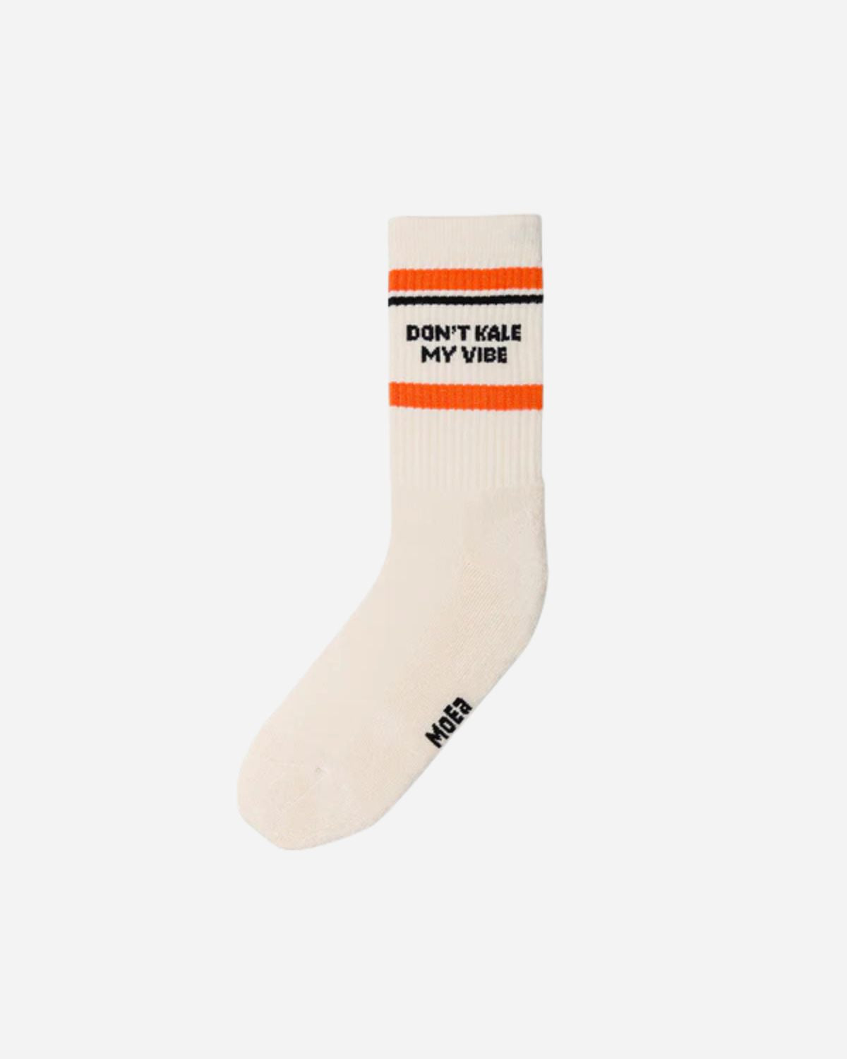 White sports sock with orange stripes and DON'T KALE MY VIBE phrase